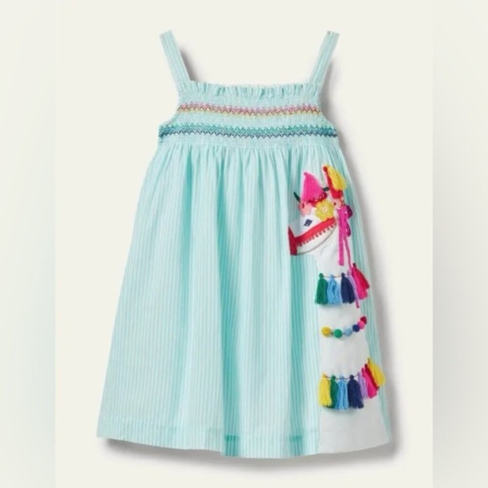 Mini Boden Smocked Stripe Llama Appliqué Dress, Size 7-8